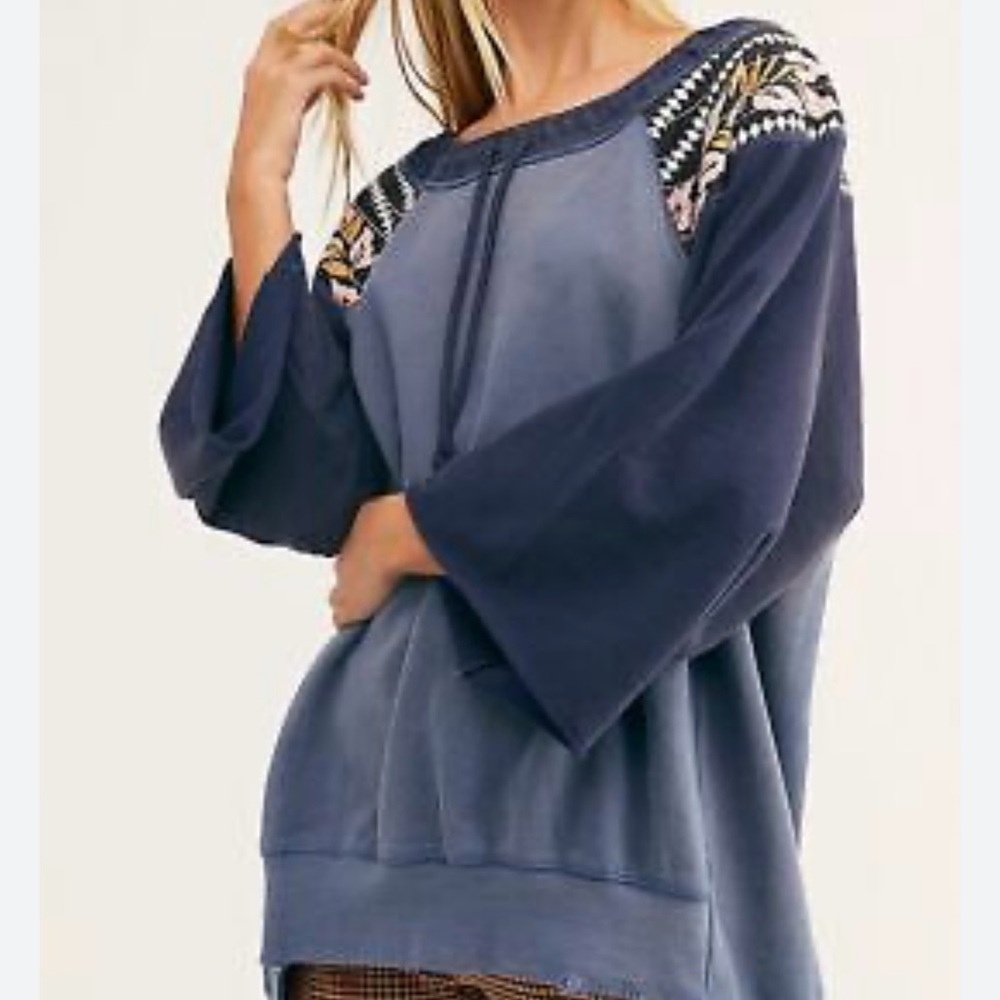 We The Free Blue Oversized Embellished Sweatshirt
